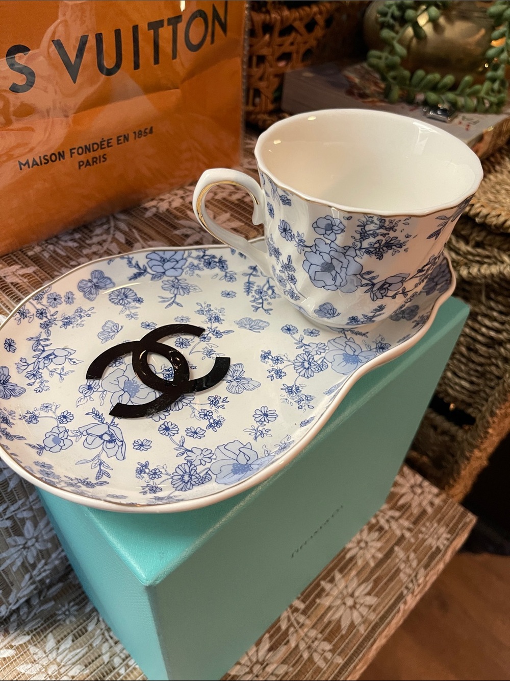 "CHANEL" Blue and White Floral Vanity Tray with Teacup Accent